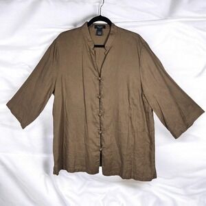 Rosanna Woman 2X Brown Linen Mandarin Collar Kimono Jacket 3 Frog Button Closure